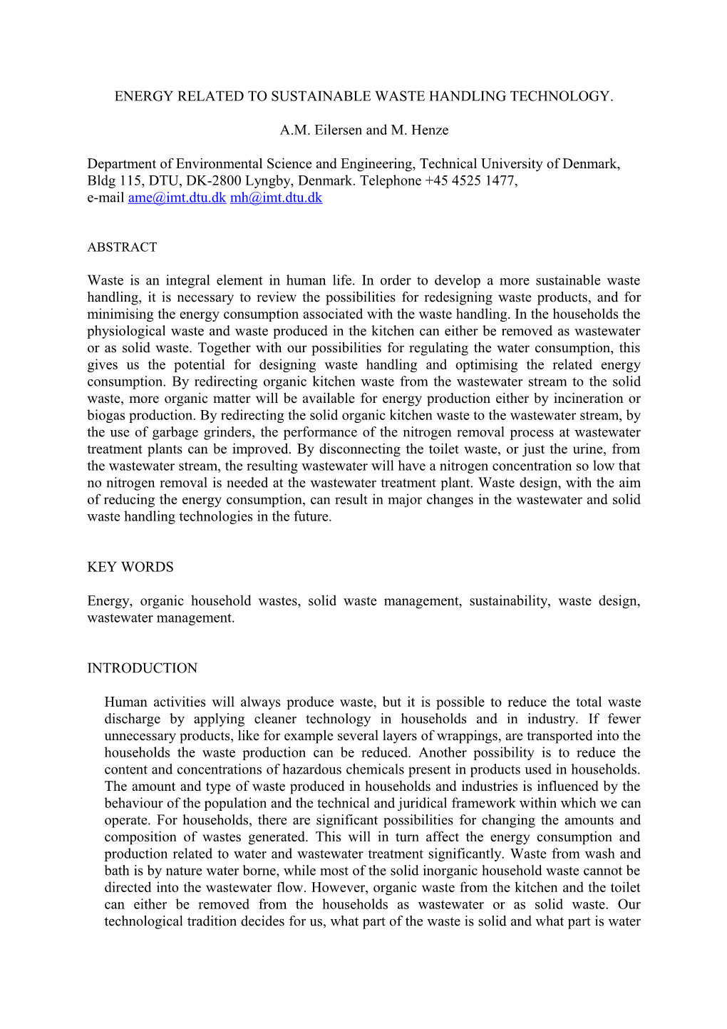 Energy Related to Sustainable Waste Handling Technology