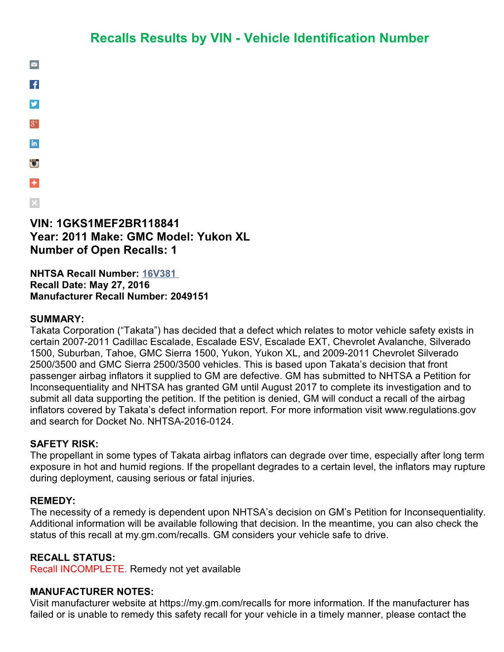 Recalls Results by VIN - Vehicle Identification Number