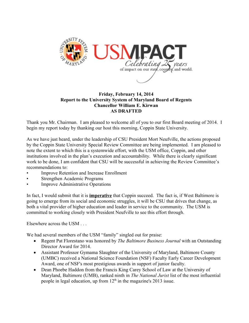 Report to the University System of Maryland Board of Regents
