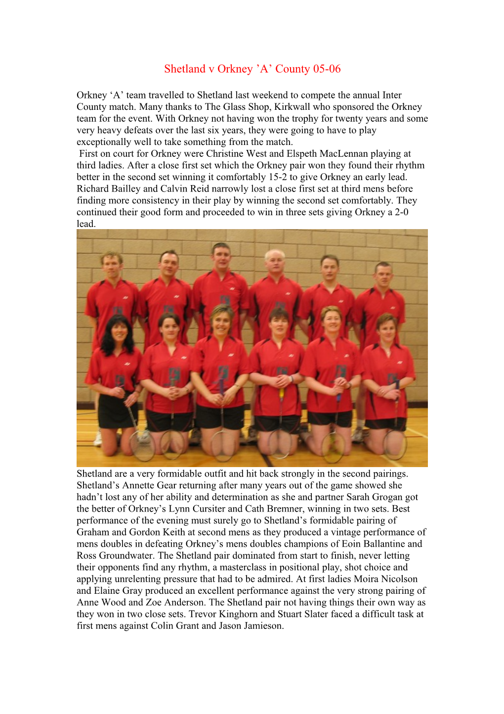 Orkney a Team Travelled to Shetland Last Weekend to Compete the Annual Inter County Match