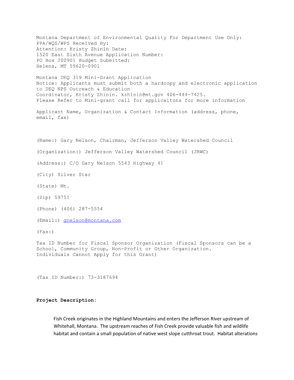 Montana Department of Environmental Quality for Department Use Only