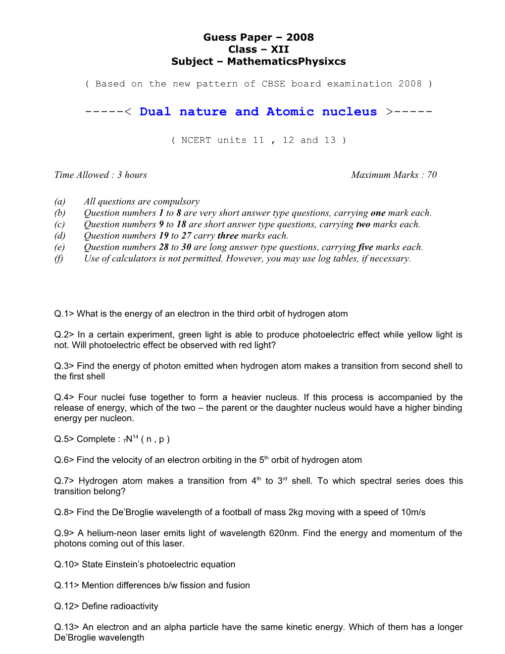 Guess Paper 2008 Class XII Subject Mathematicsphysixcs