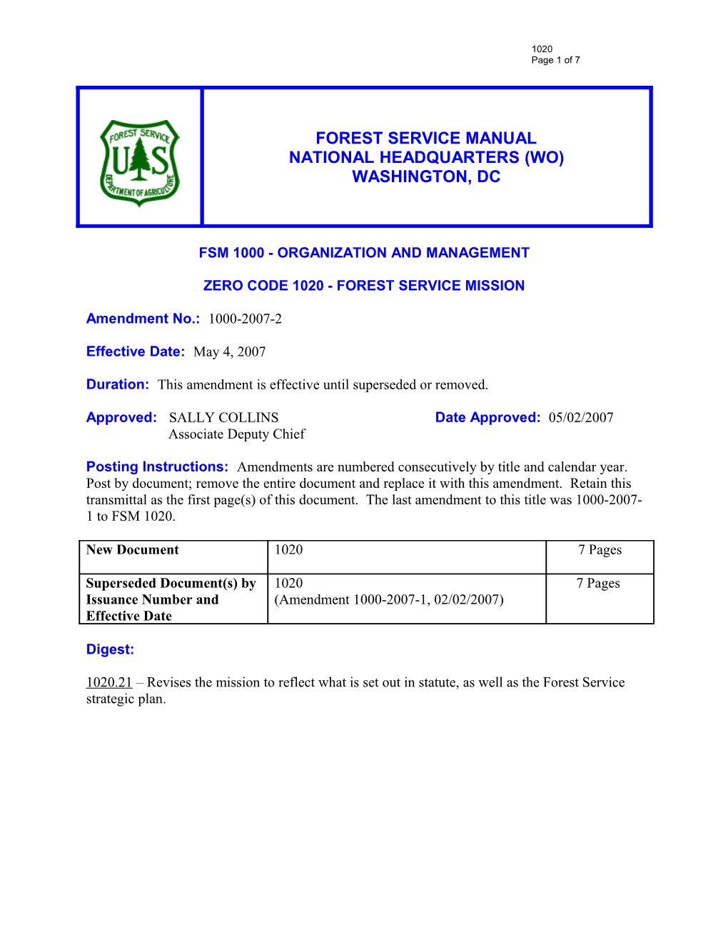 Fsm 1000- ORGANIZATION and MANAGEMENT