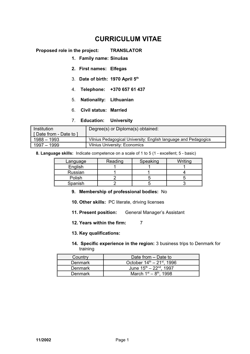 Proposed Role in the Project: TRANSLATOR