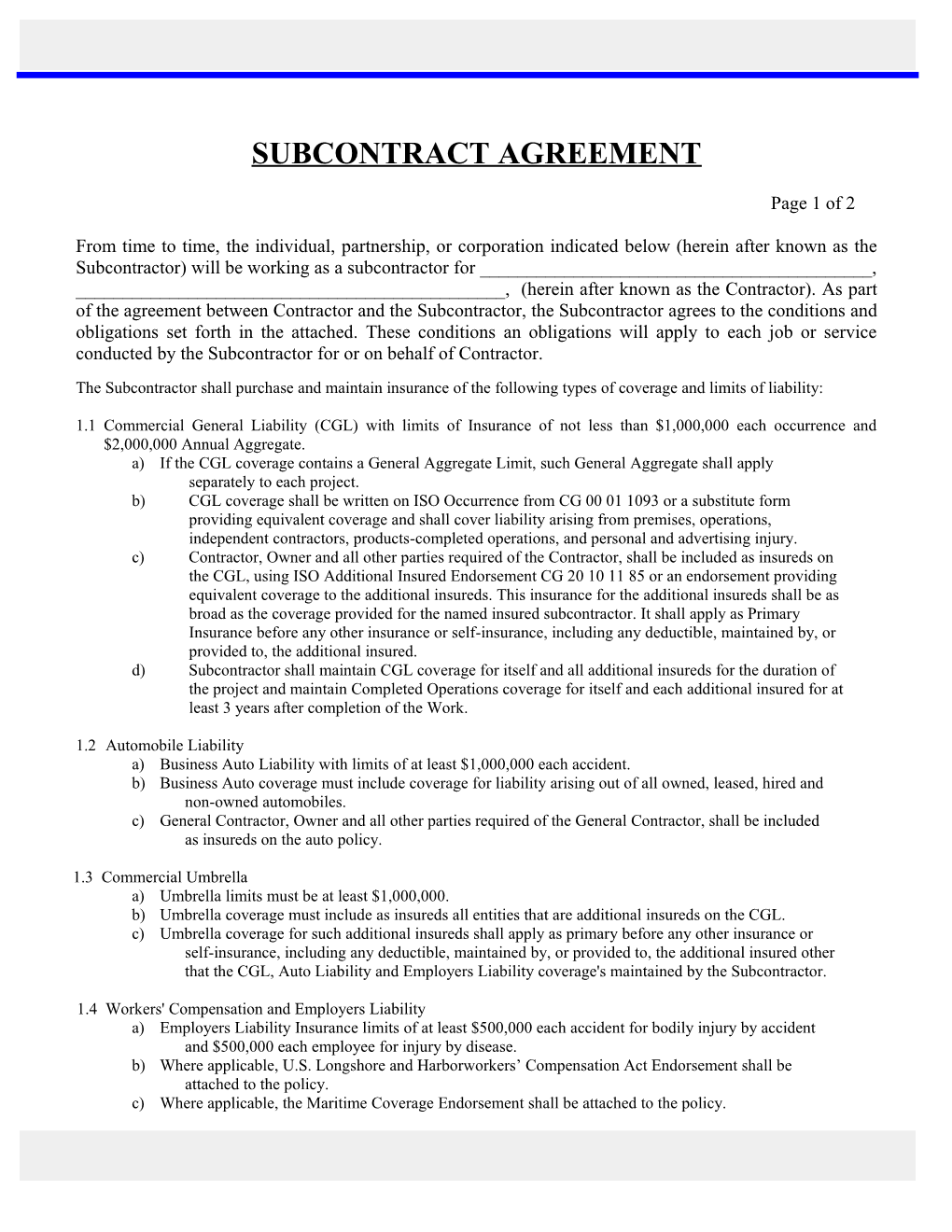 Annual Subcontractor Agreement