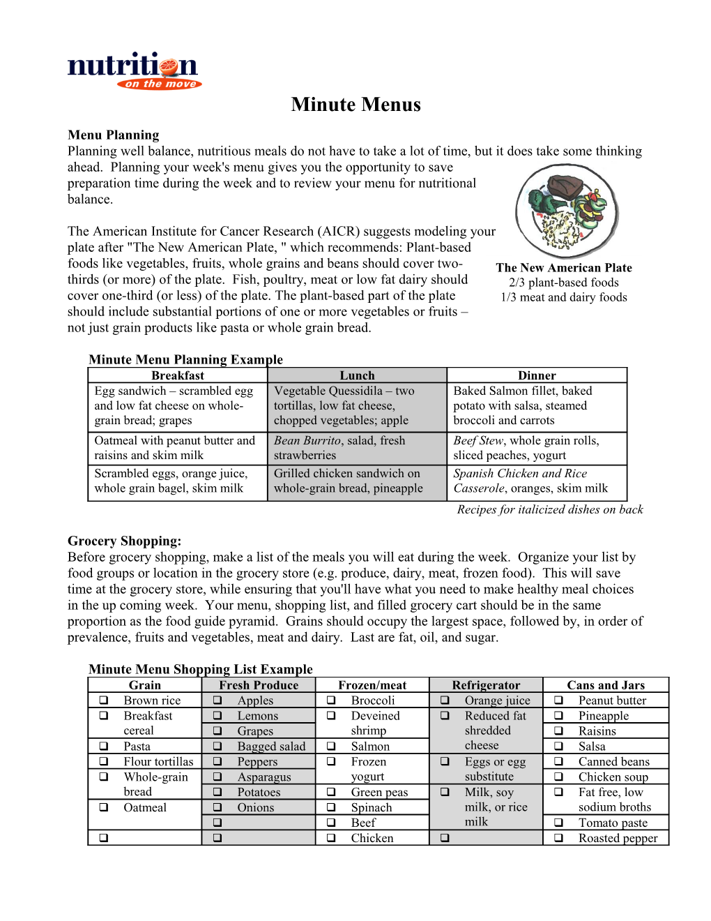 Minute Menu Planning Example