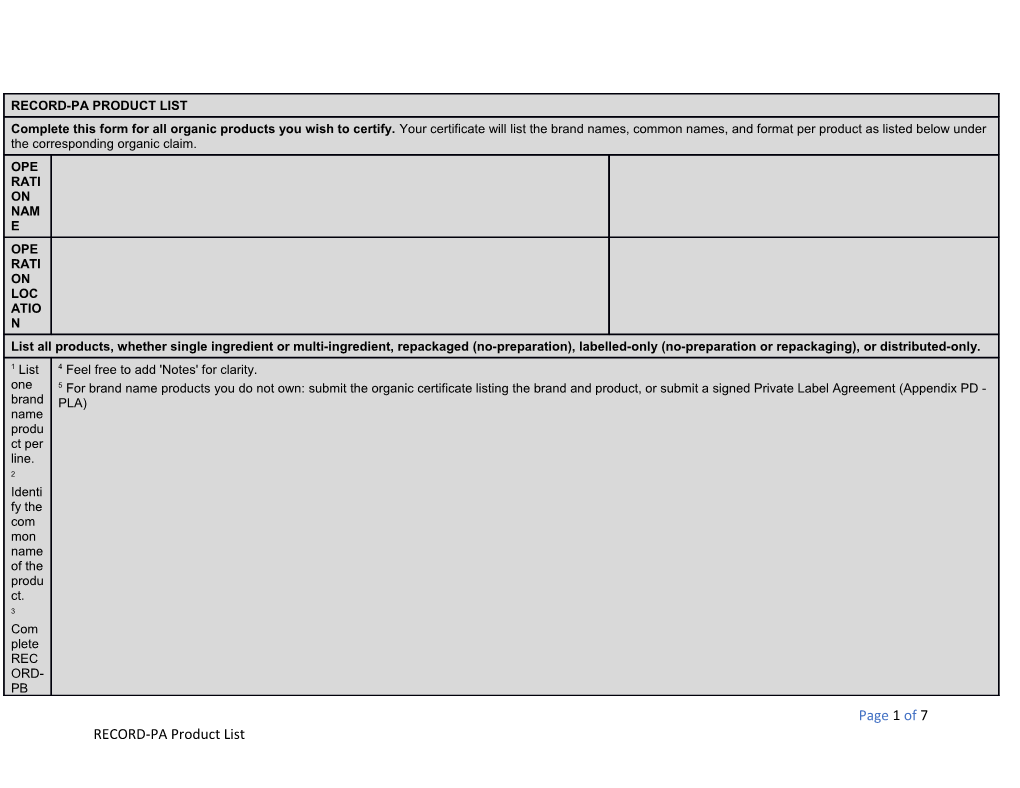 RECORD-PA Product List
