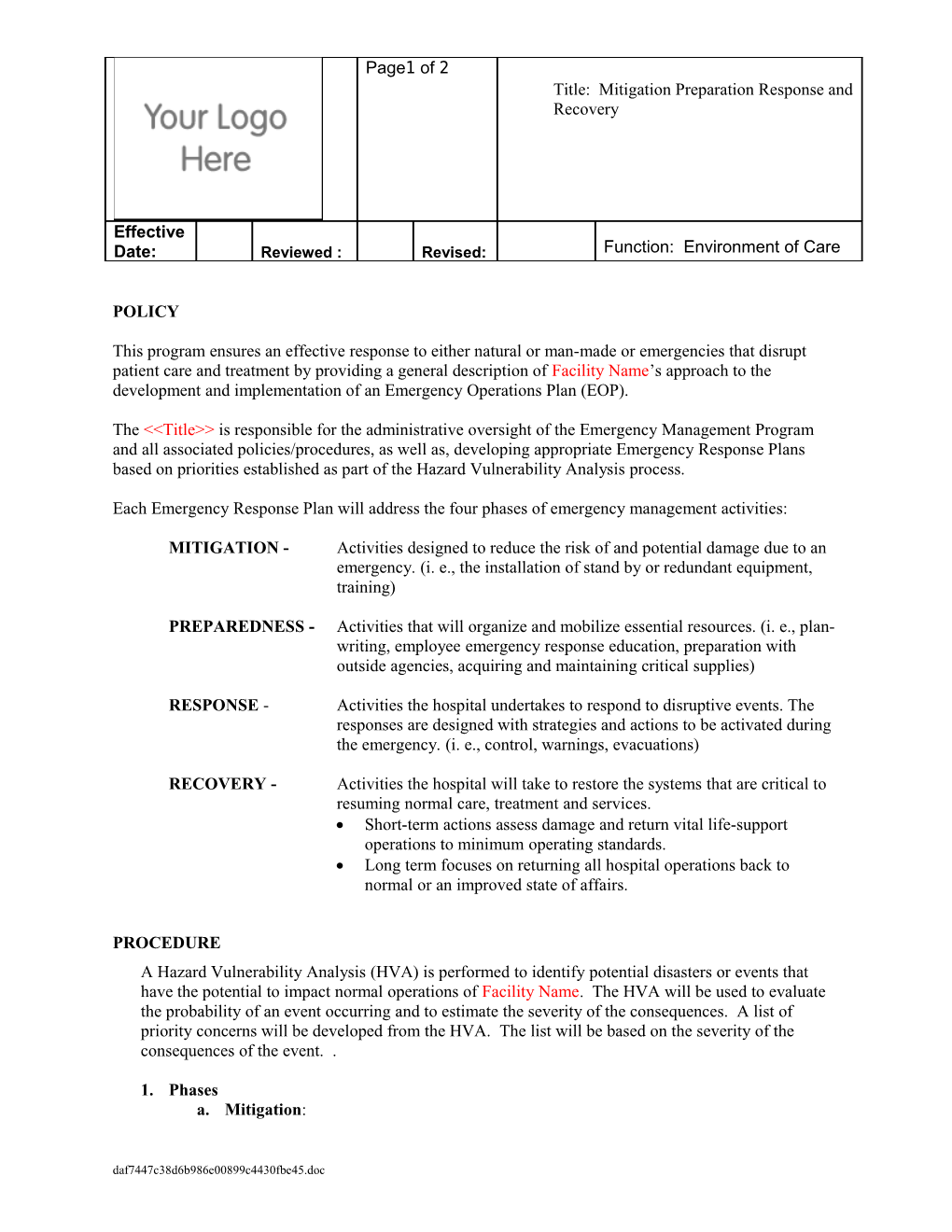 Mitigation, Preparation, Response & Recovery