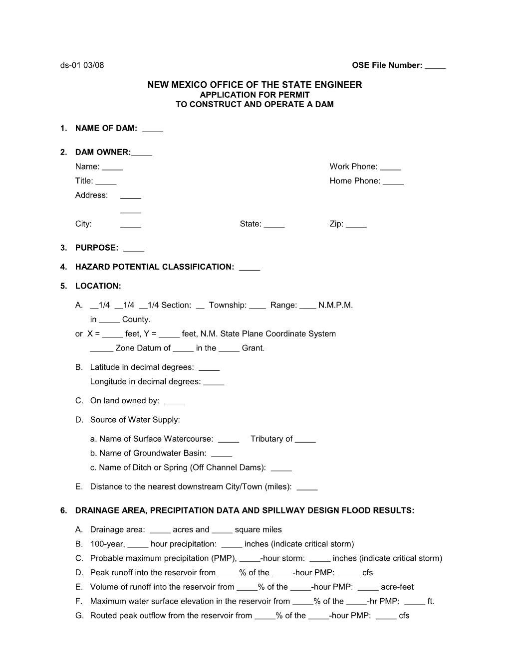 Application for Permit to Construction and Operate a Dam