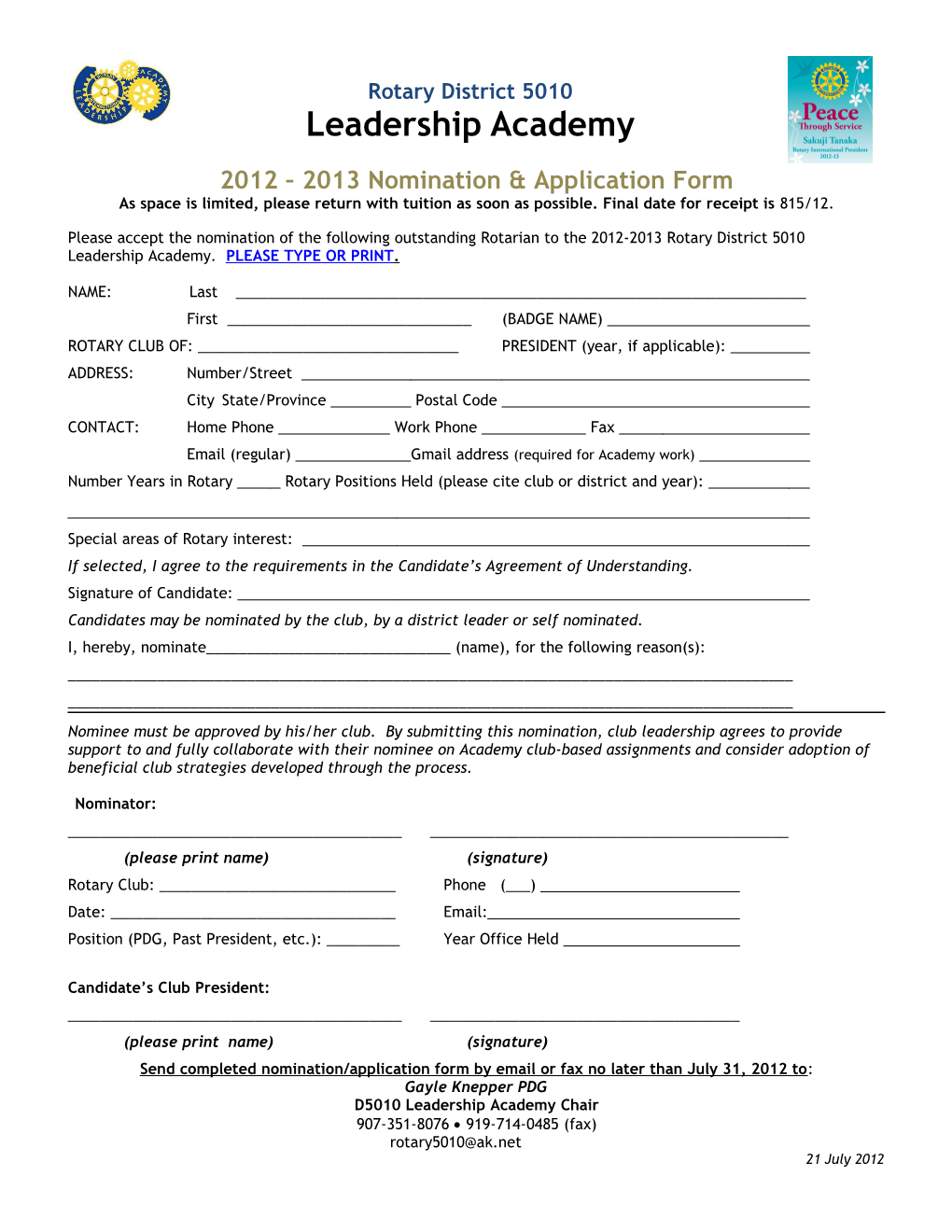 2012 2013 Nomination & Application Form