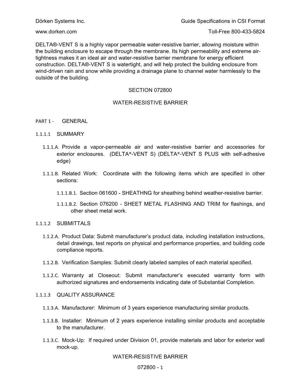 Section 072800 - Water-Resistive Barrier