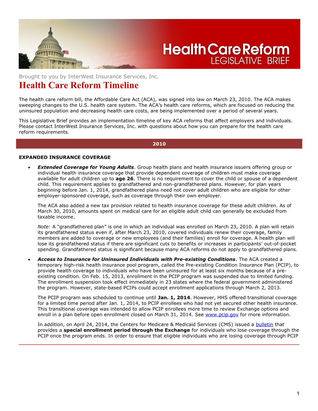 Health Care Reform Timeline