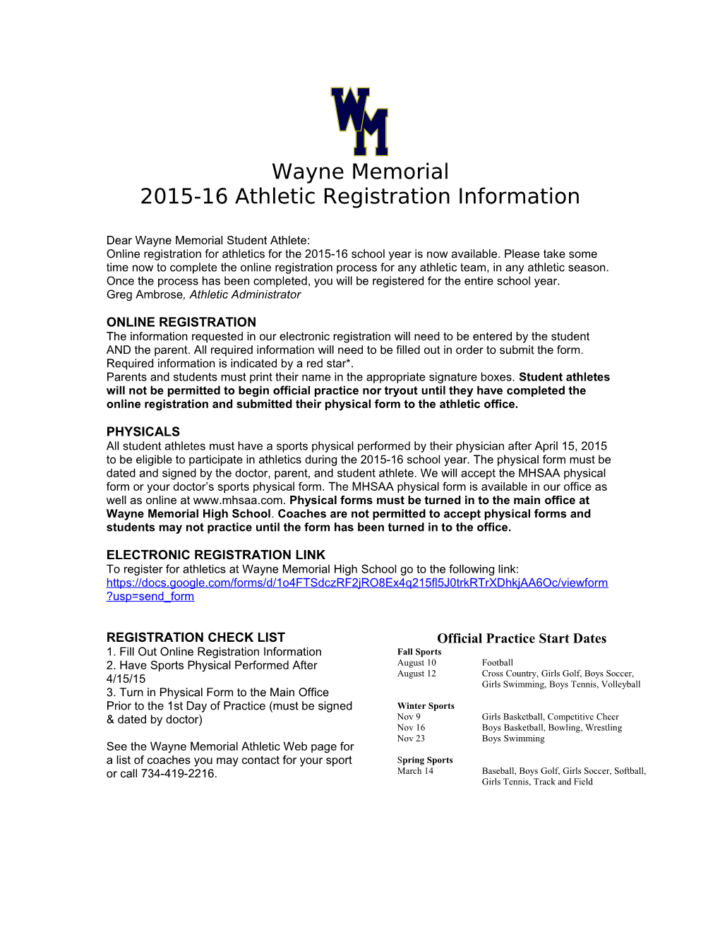 2015-16 Athletic Registration Information