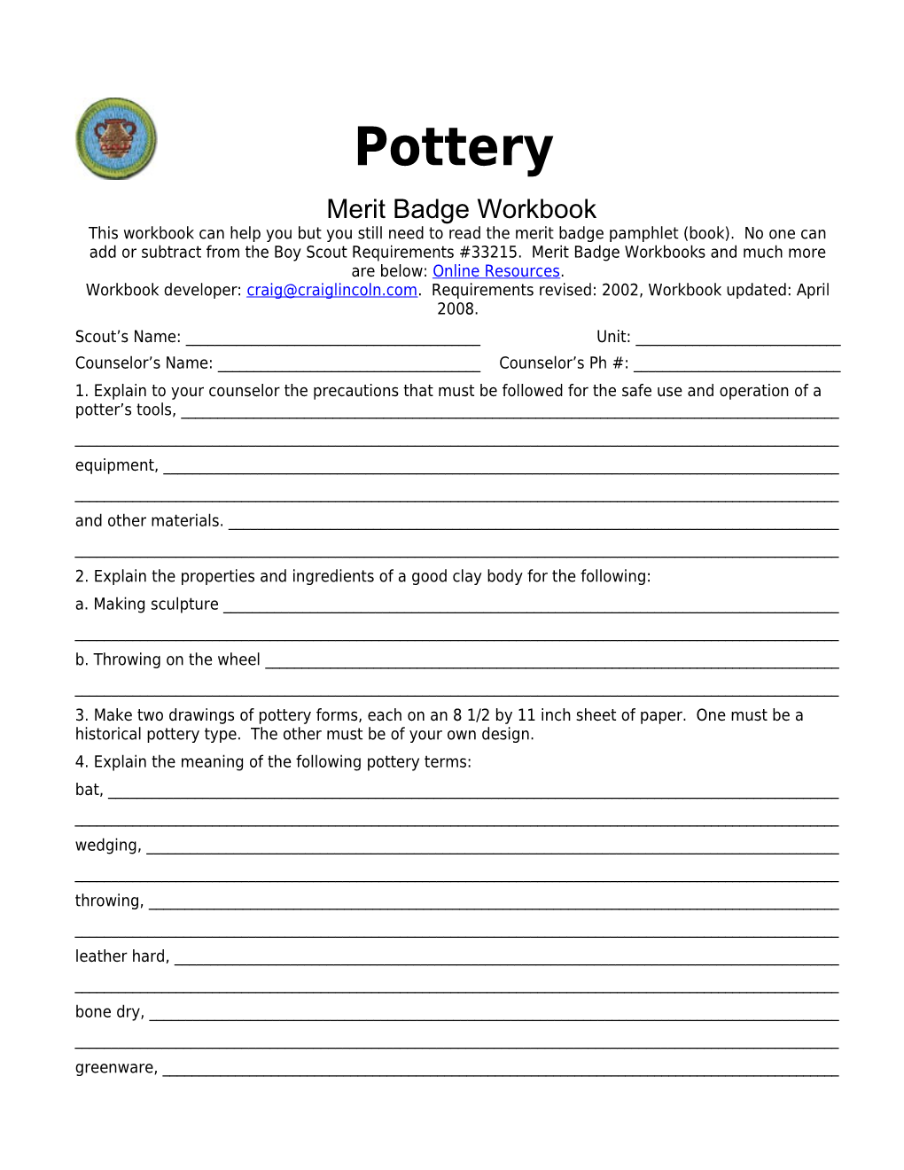 Pottery P. 1 Merit Badge Workbook Scout's Name: ______
