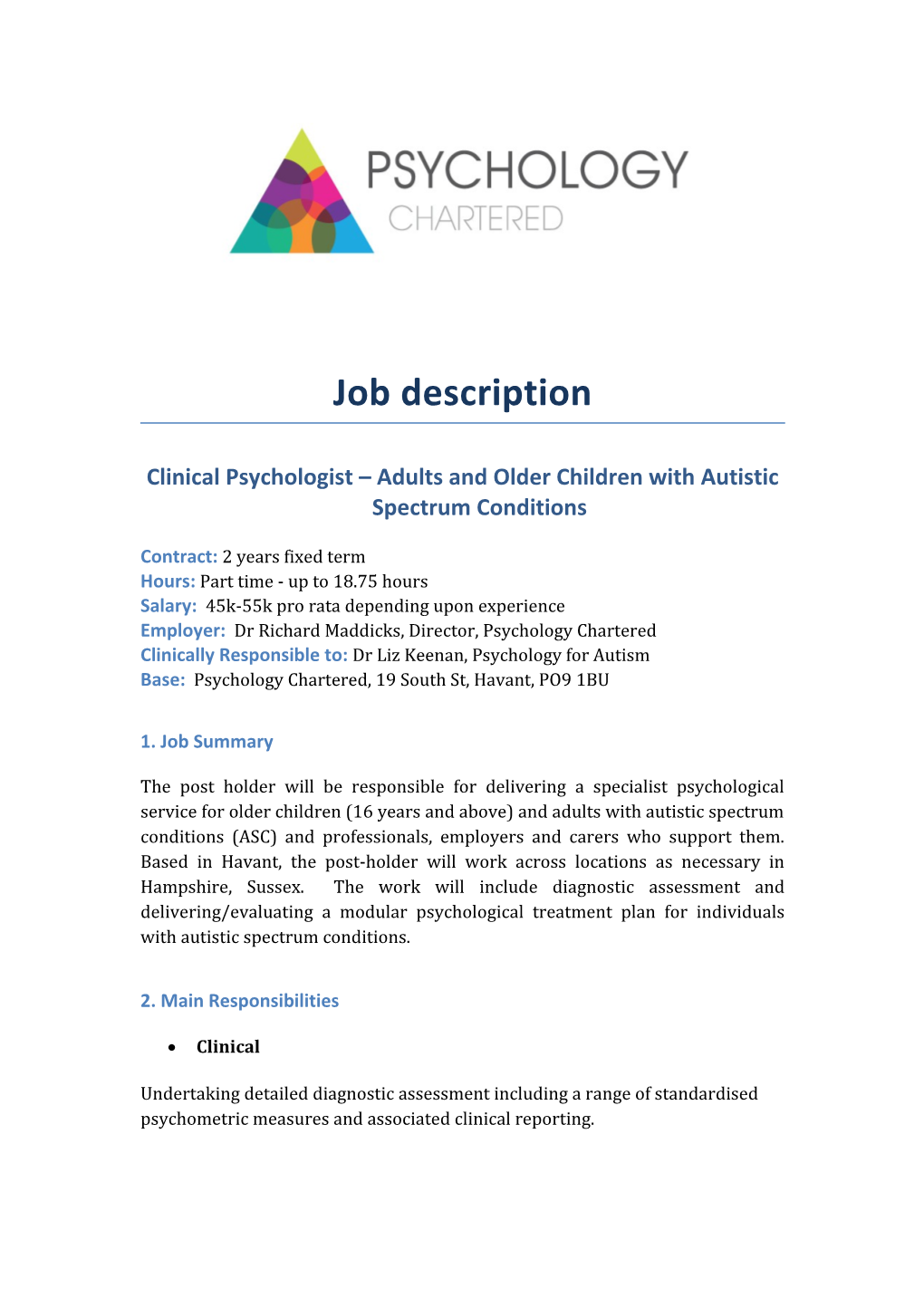 Clinical Psychologist Adults and Older Children with Autistic Spectrum Conditions
