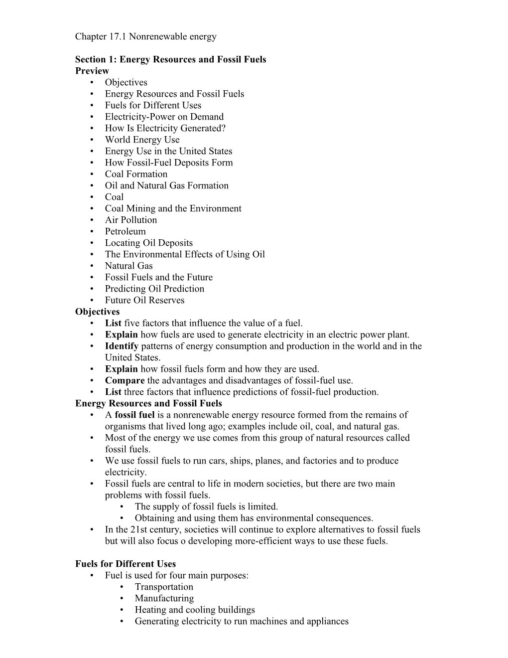 Section 1: Energy Resources and Fossil Fuels