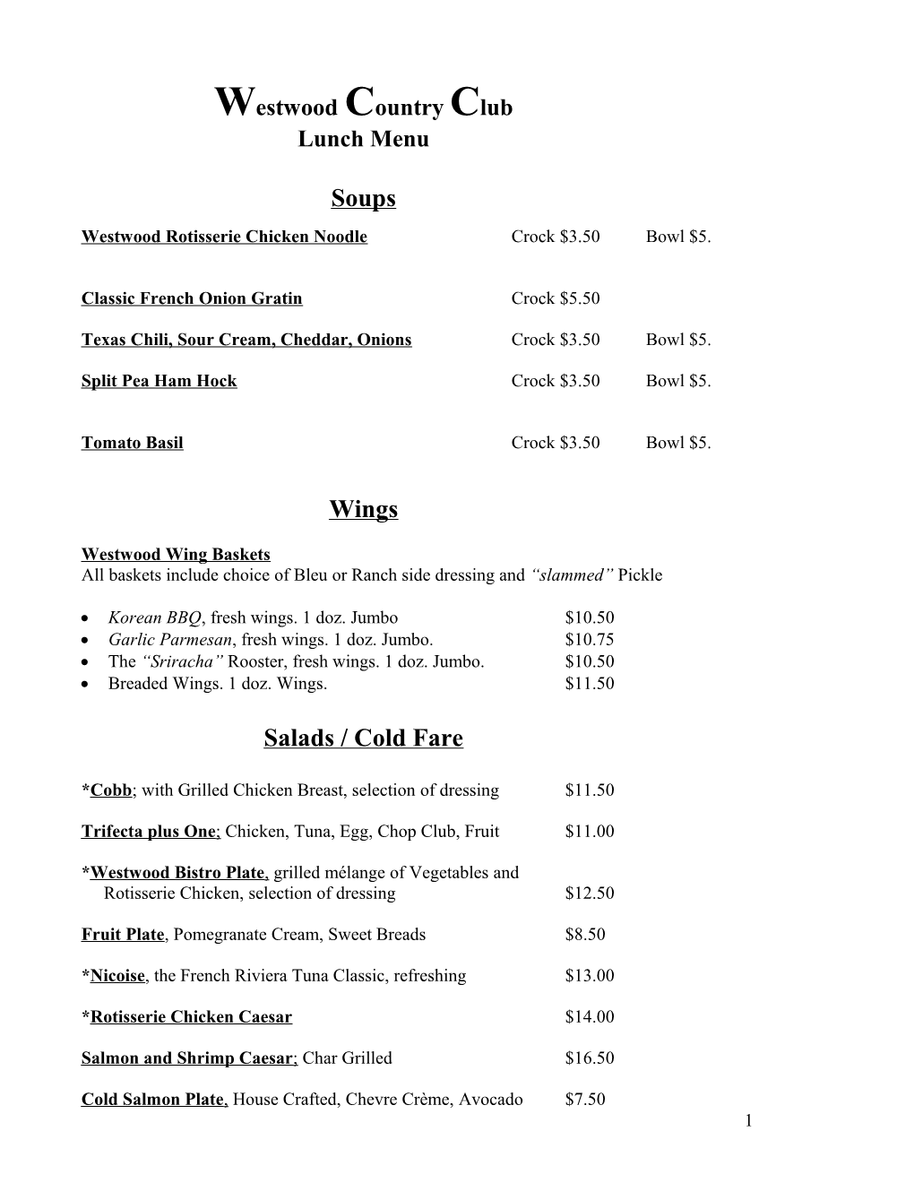 WCC Lunch Menu