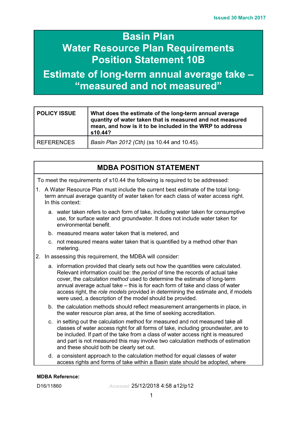 WRP Position Statement - 10B - Long-Term Annual Average Take