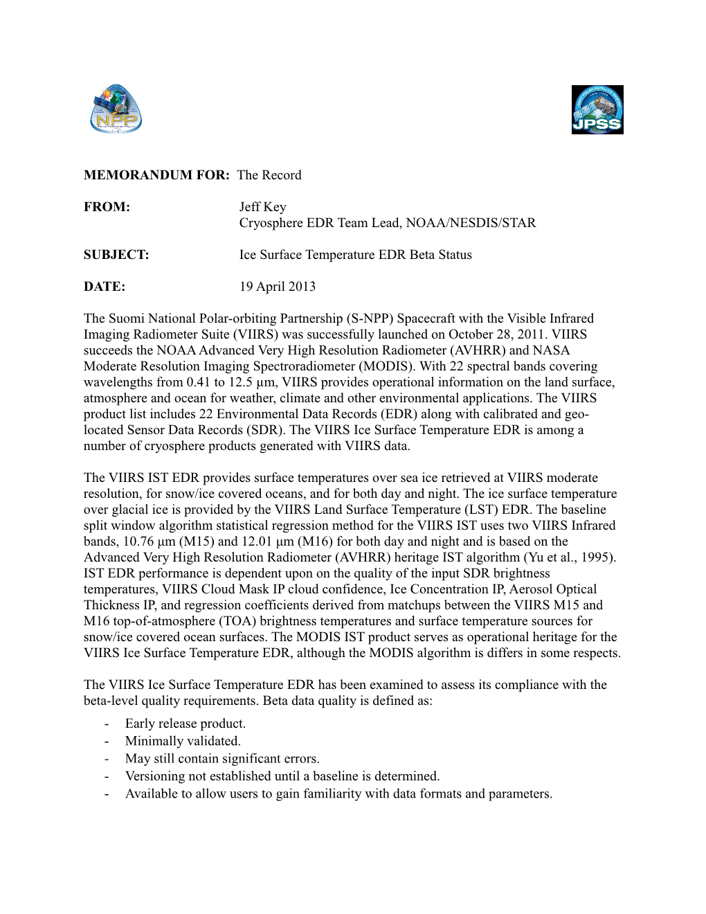 Cryosphere EDR Team Lead, NOAA/NESDIS/STAR