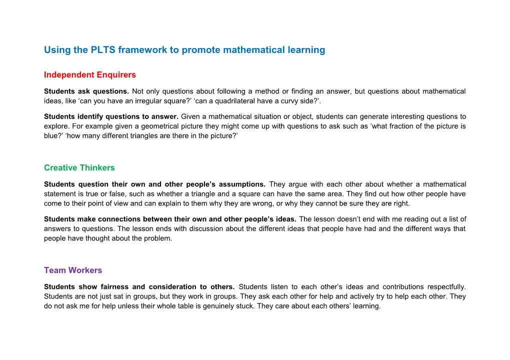 Using the PLTS Framework to Promote Mathematical Learning
