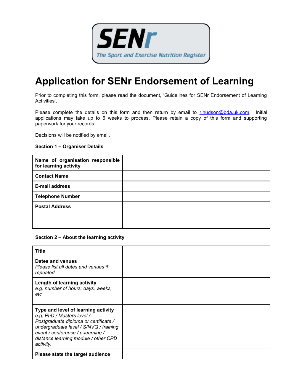 Application for Senr Endorsement of Learning