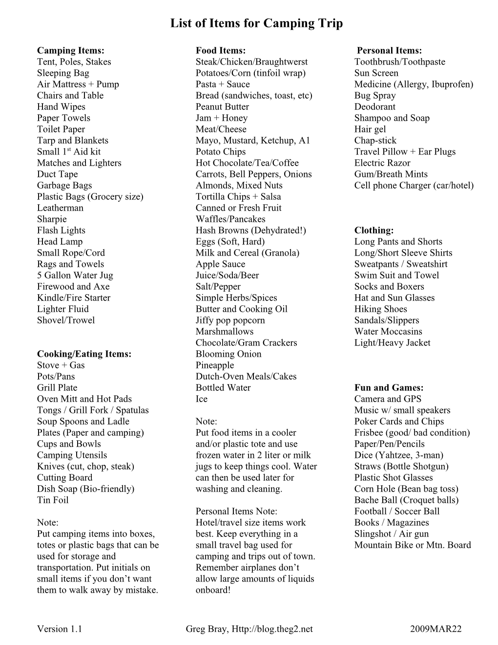 List of Items for Camping Trip