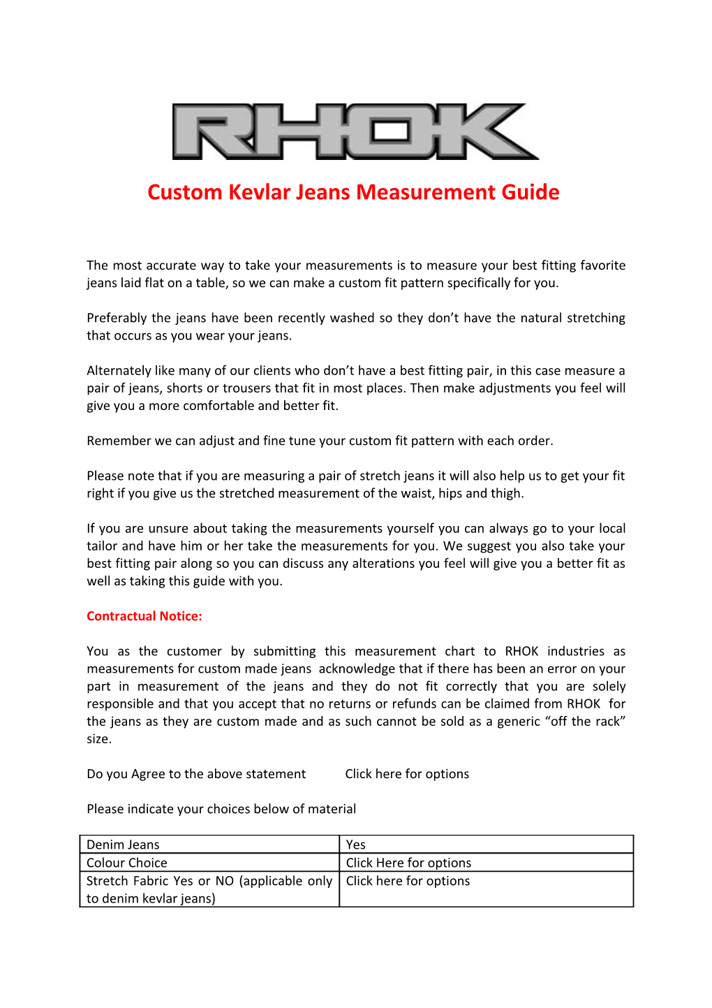 Custom Kevlar Jeans Measurement Guide