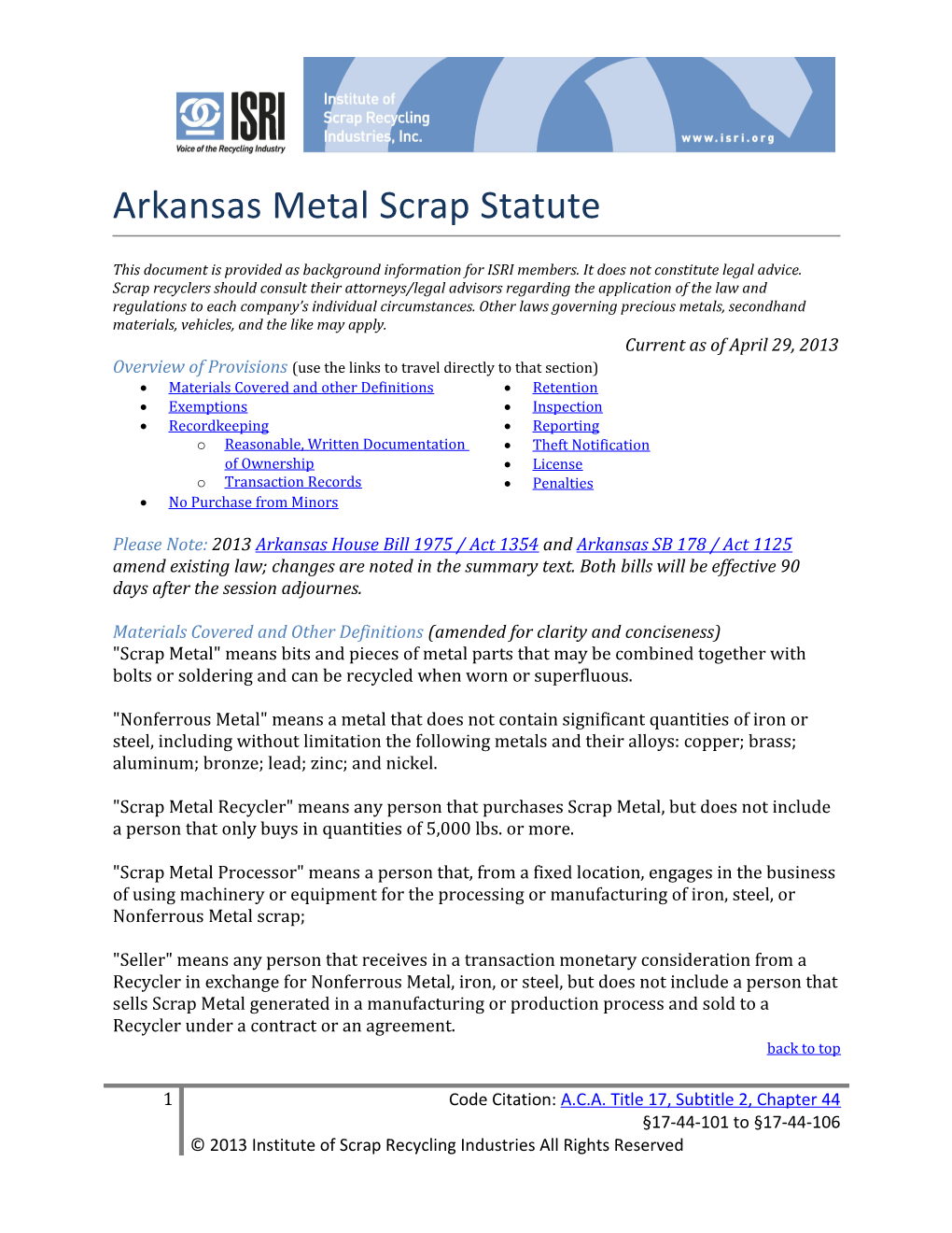 Arkansas Metal Scrap Statute