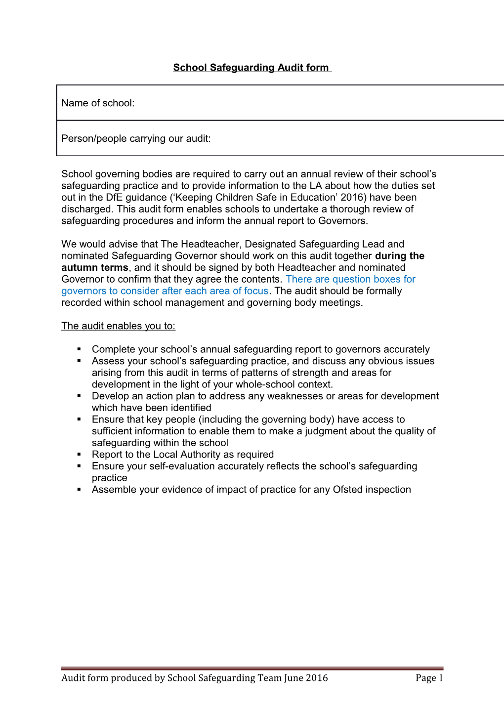 School Safeguarding Audit Form