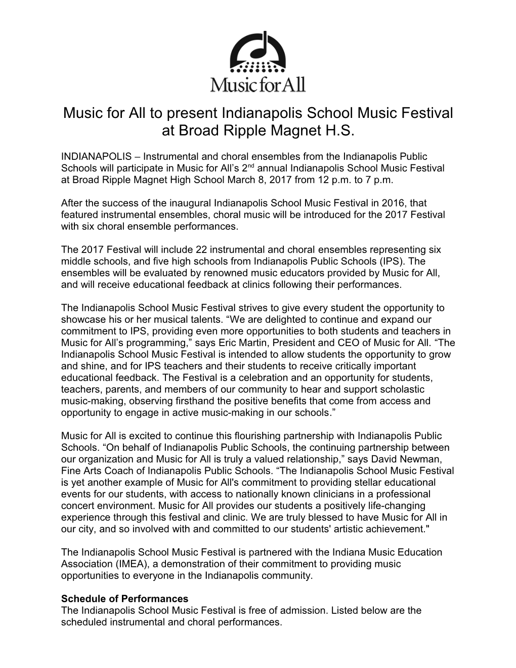 Music for All to Present Indianapolis School Music Festival at Broad Ripple Magnet H.S