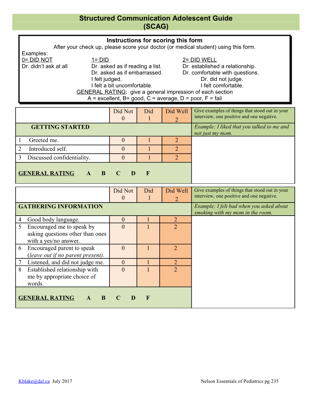 Instructions for Scoring the Scag / Feedback Form