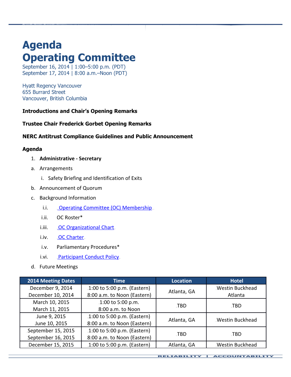 OC Meeting Agenda - September 16-17, 2014 (Vancouver BC)