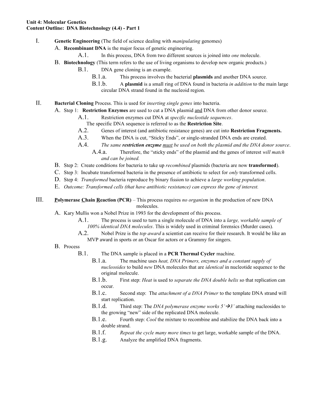 Content Outline: DNA Biotechnology (4.4) - Part 1