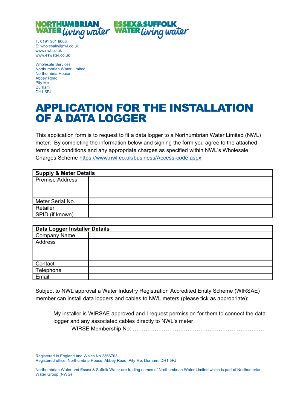 Application for the Installation of a Data Logger