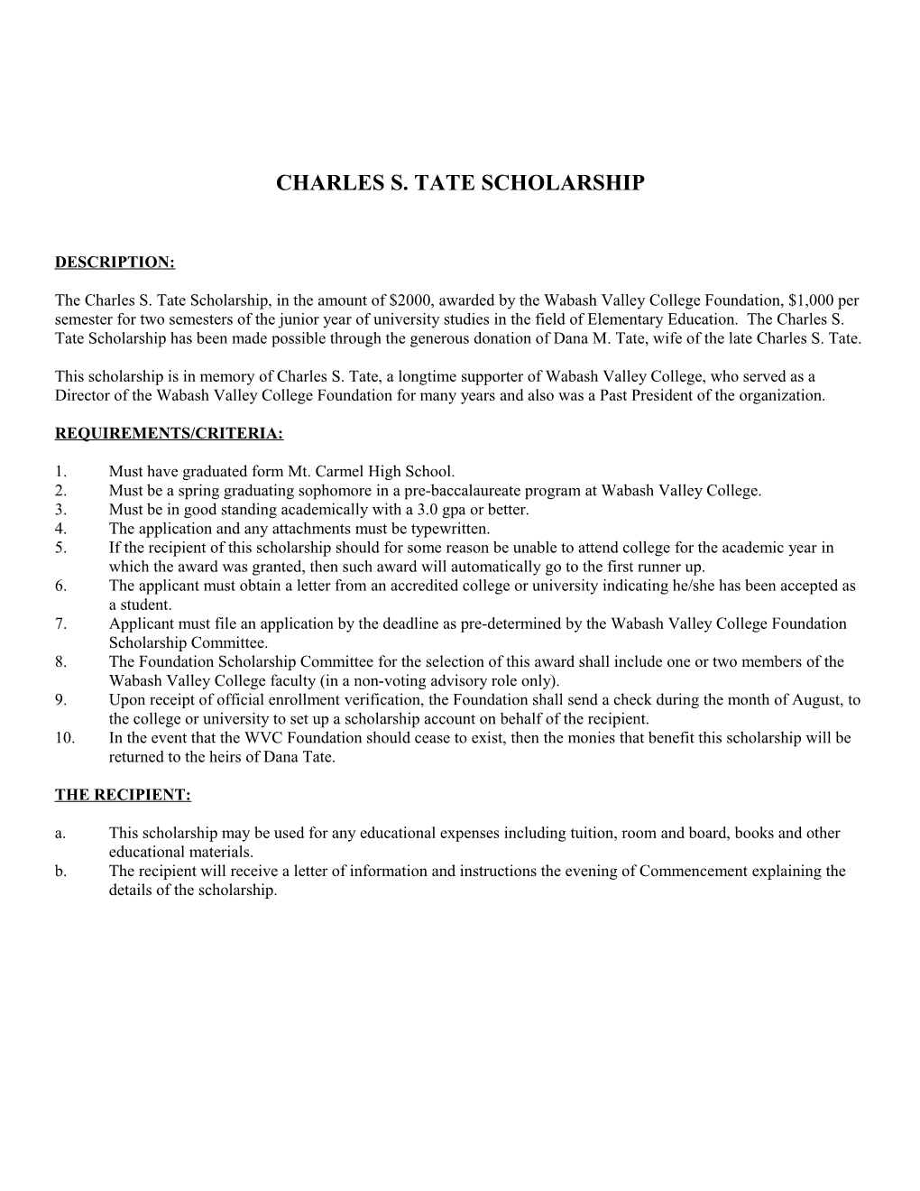 Charles S. Tate Scholarship