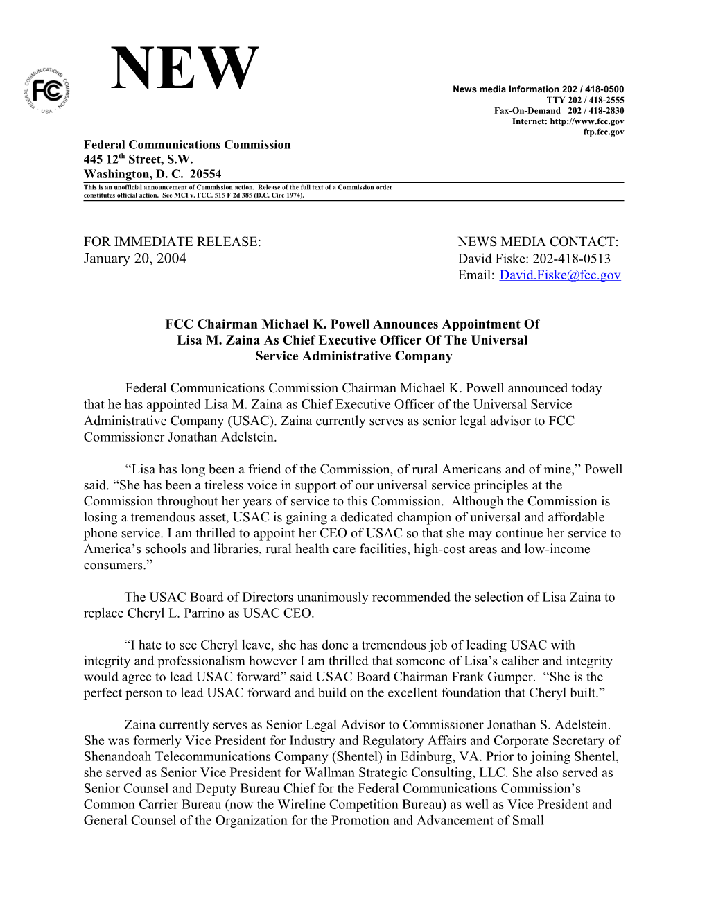FCC Chairman Michael K. Powell Announces Appointment Of