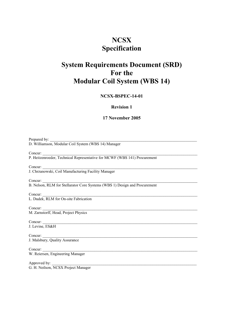 Modular Coil System Requirementsncsx BSPEC-14-01