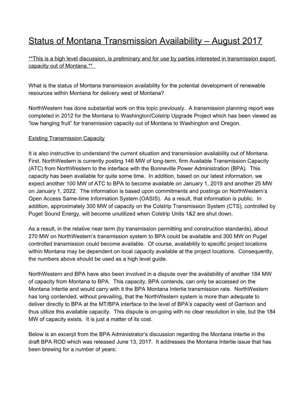 Status of Montana Transmission Availability August 2017