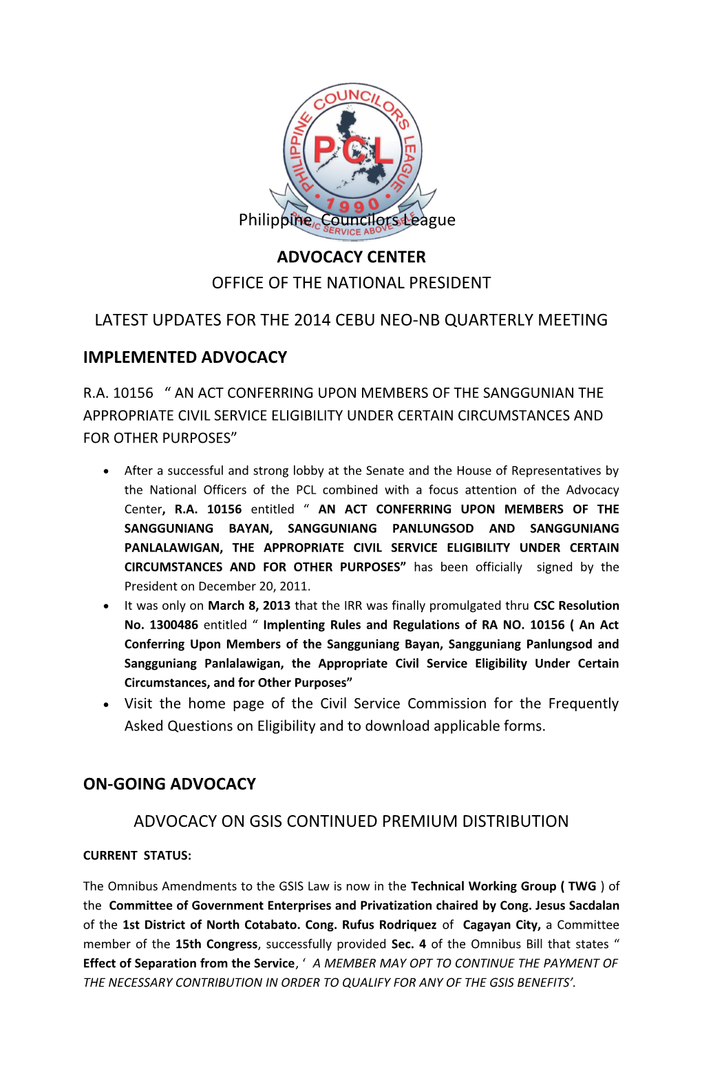 Latest Updates for the 2014 Cebu Neo-Nb Quarterly Meeting