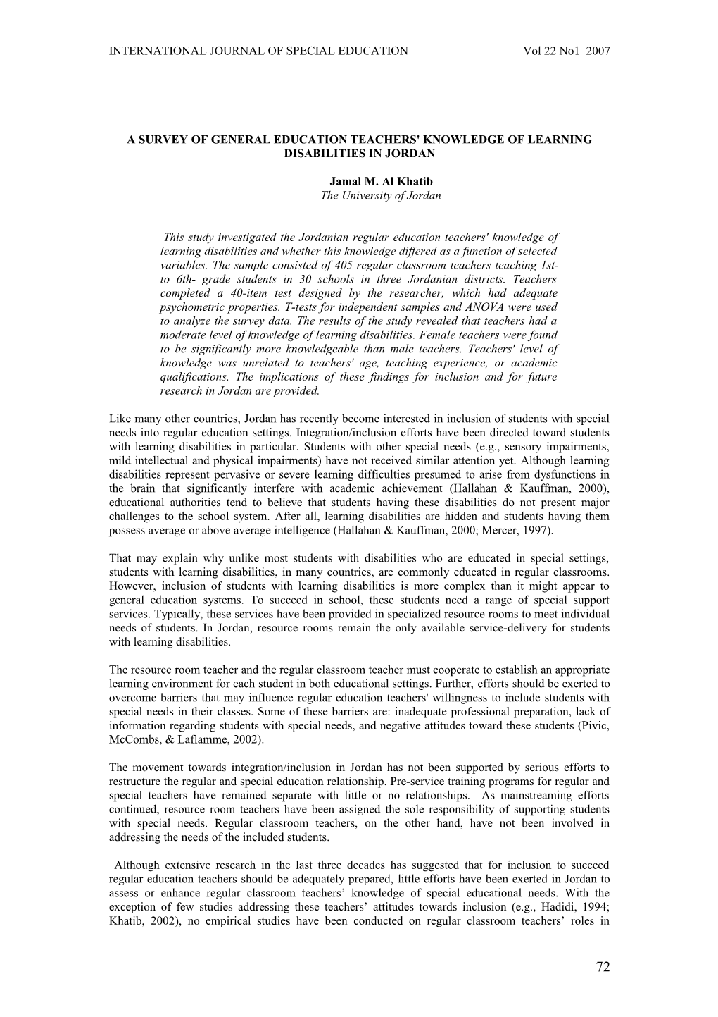 A Survey of General Education Teachers' Knowledge of Learning Disabilities in Jordan