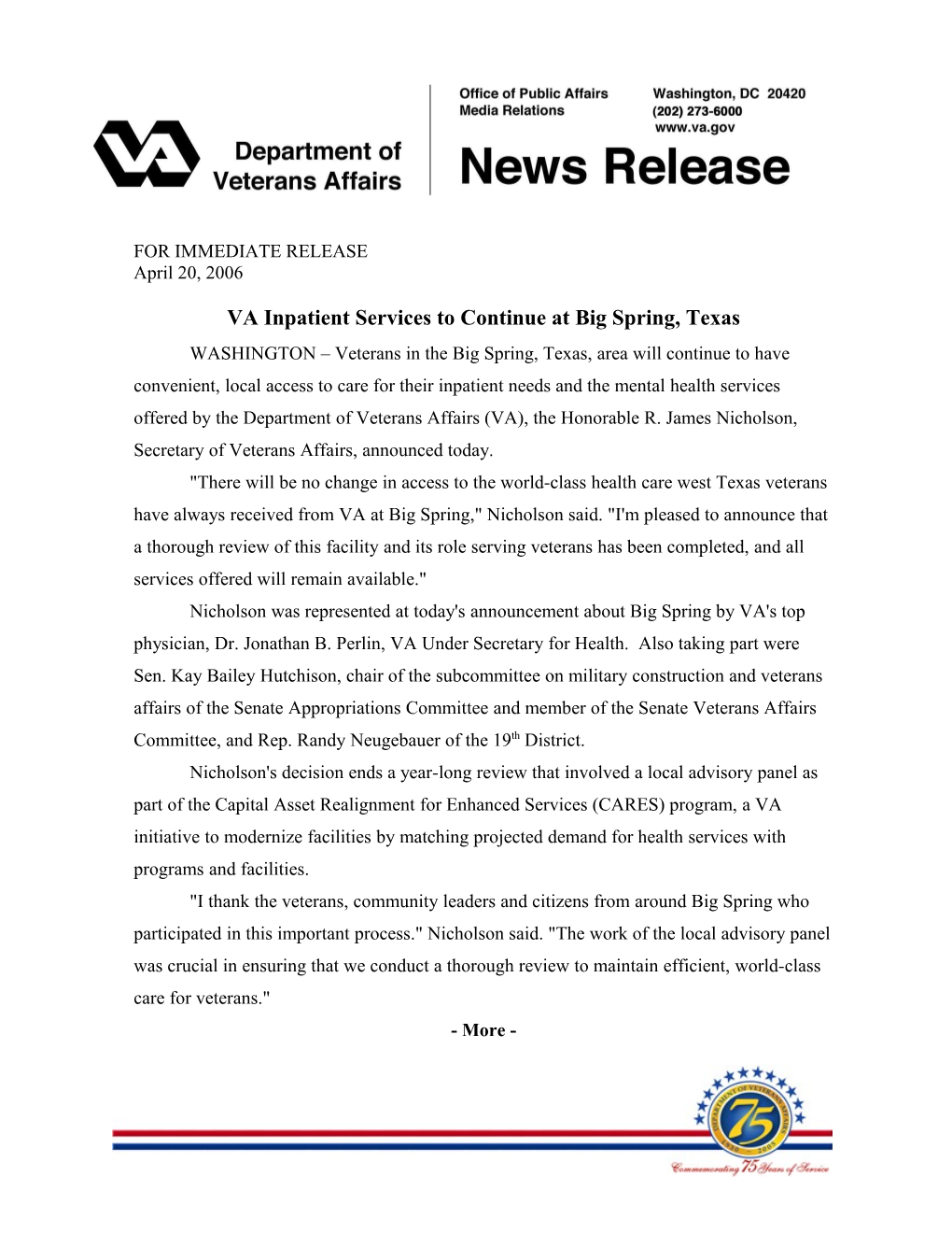 Vainpatient Services to Continue at Big Spring, Texas