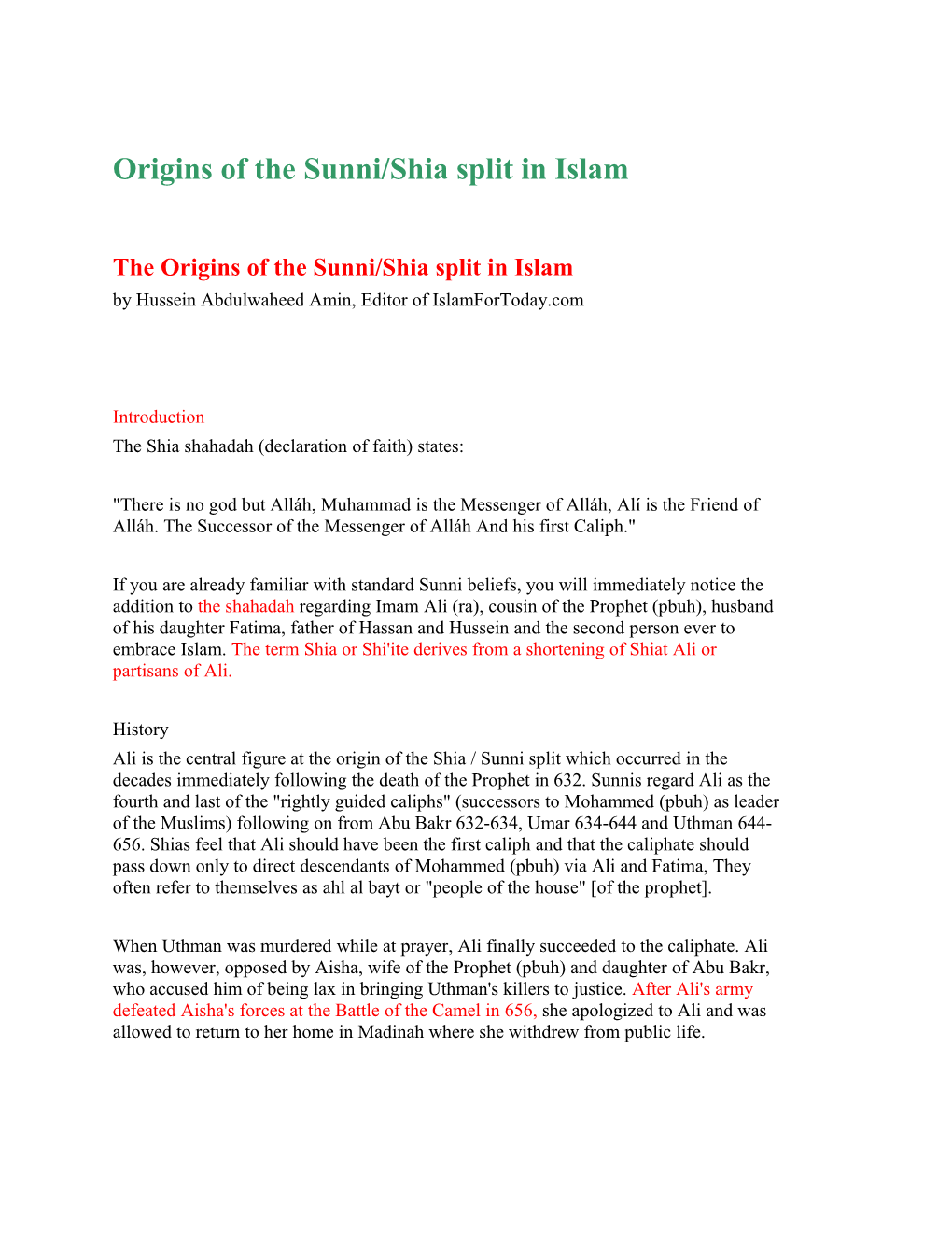 Origins of the Sunni/Shia Split in Islam