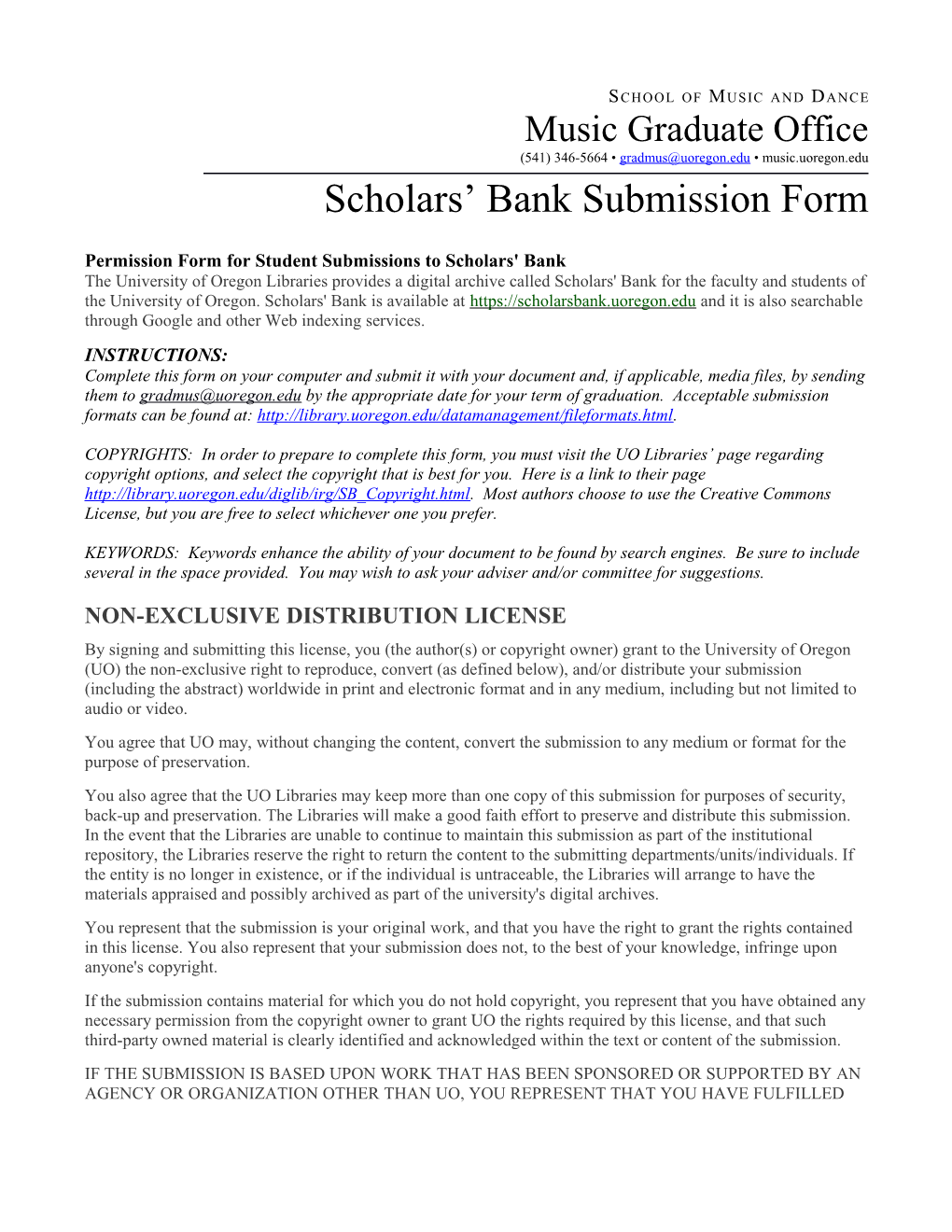 Permission Form for Student Submissions to Scholars' Bank