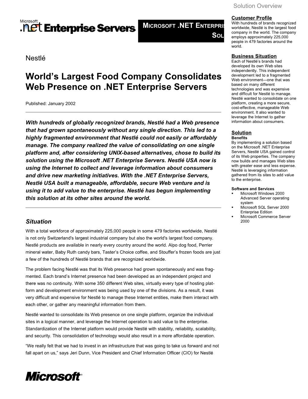 World S Largest Food Company Consolidates Web Presence on .NET Enterprise Servers
