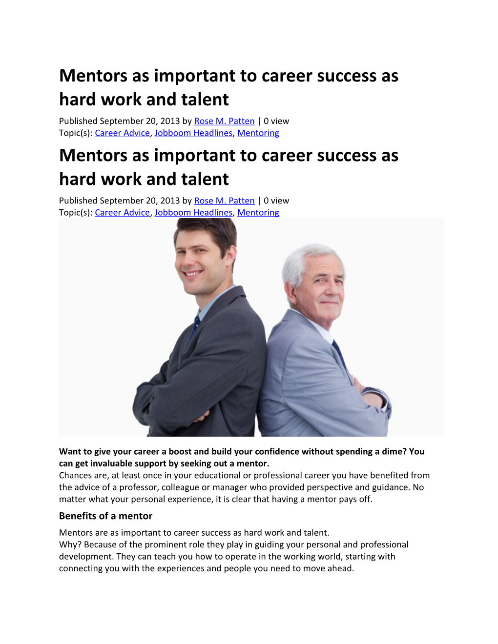 Mentors As Important to Career Success As Hard Work and Talent