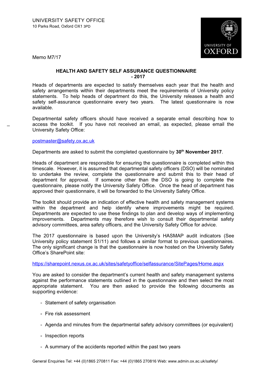 Health and Safety Self Assurance Questionnaire - 2017