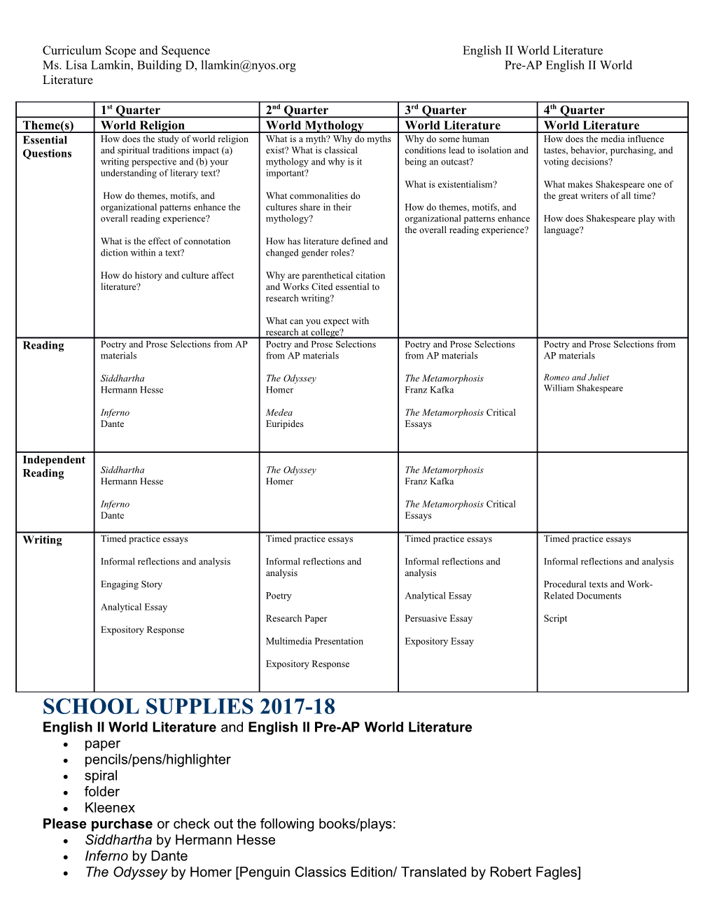 Curriculum Scope and Sequence English II World Literature