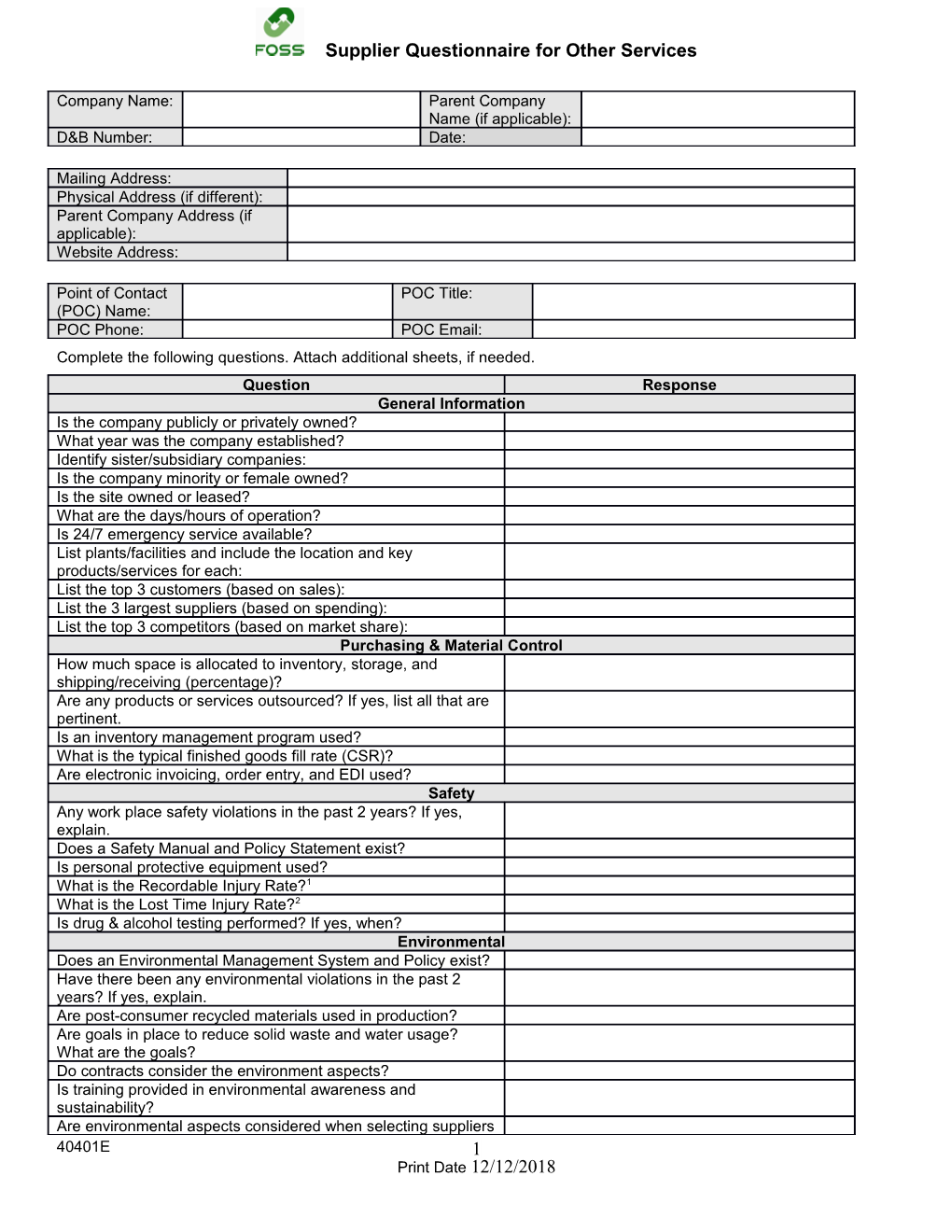 Vendor Questionnaire for Marine Services