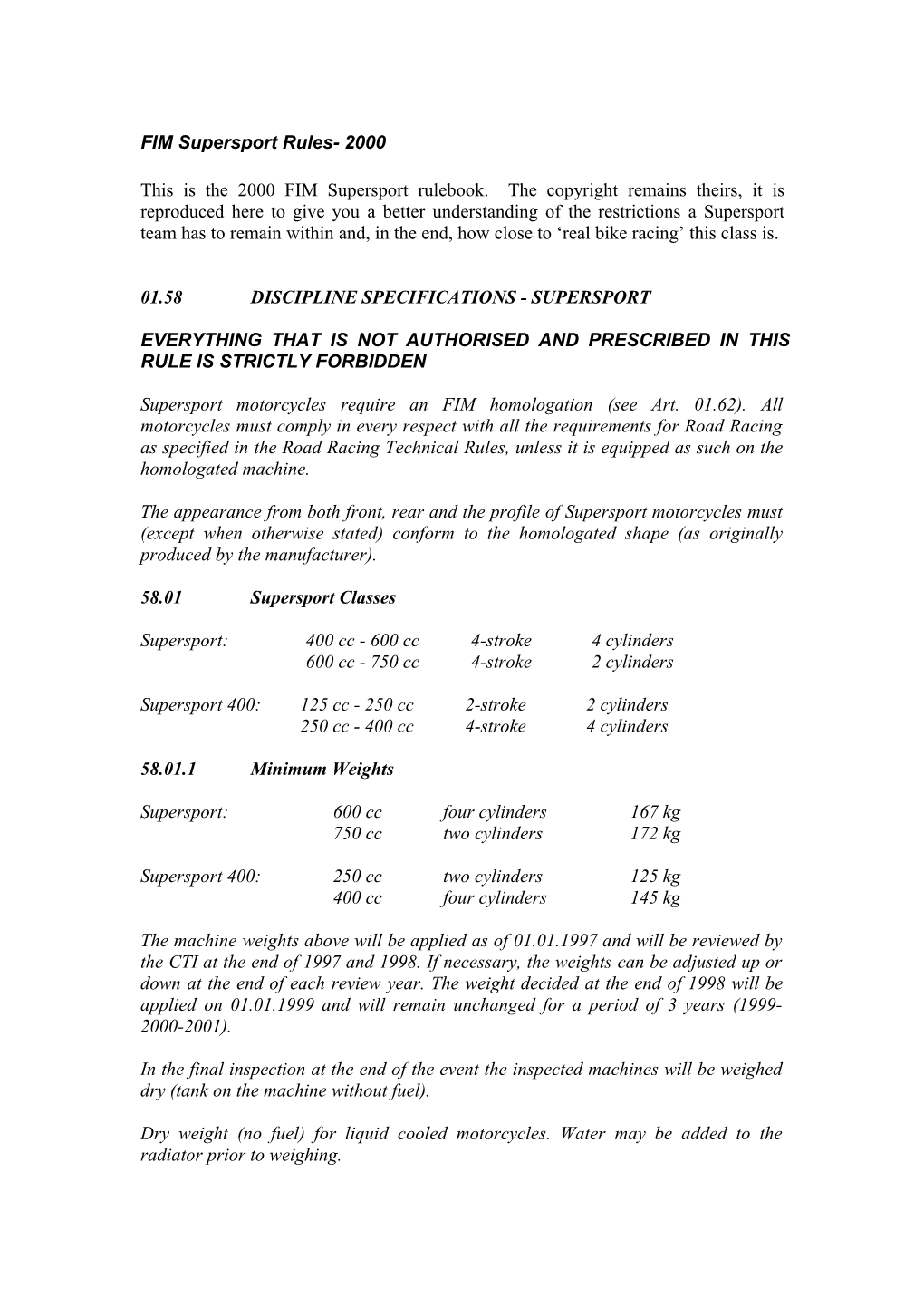 FIM Supersport Rules- 2000