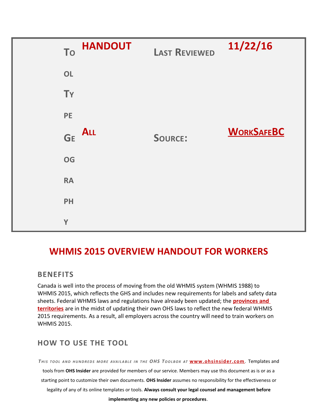 Whmis 2015 Overview Handout for Workers